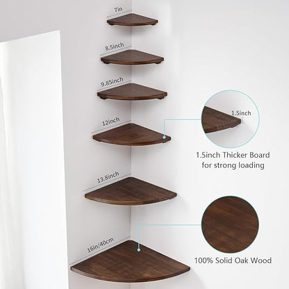 Corner Shelf, Solid Oak Wood Floating Corner Shelf Wall Mount Round End Floating Speaker with Wire Hole for Small Plant Photo for Bedroom Kitchen, Living Room Walnut