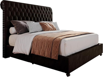 PaPaJet Bed Frame Queen Size Upholstered Platform Bed with 52.8'' Tall Sleigh Headboard, Button Tufted, No Box Spring Needed, Easy Assembly, Black