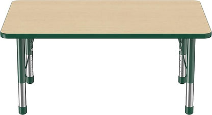 FDP Rectangle Activity School and Classroom Kids Table (30 x 48 inch), Chunky Toddler Legs, Adjustable Height 15-24 inches - Maple Top and Green Edge