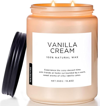 M&SENSE Vanilla Soy Candles, Large 2 Wick Jar Candle 19.4oz, 110 Hours Burning Time, 100% Natural Organic Soy Wax, Relaxing Aromatherapy Scented Candle, Housewarming Gift for Women and Men