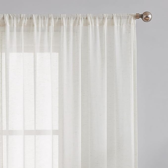FMFUNCTEX Linen Sheer Curtains for Living Room, Beige Curtains 96 inches Long for Bedroom, Natural Flax Blend Window Draperies for Farmhouse Curtain, Rod Pocket 2 Panels