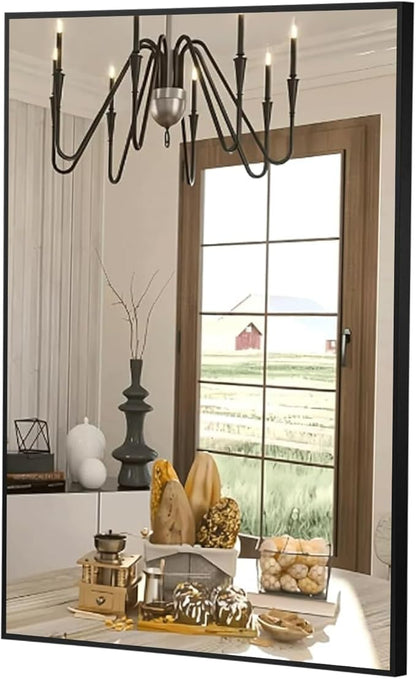 FARMER 26x38 Inch Black Bathroom Mirror, Rectangle Wall Mounted Mirror, Vanity Mirror, Brushed Square Mirror, Framed Bathroom Mirror for Bedrooms, Entryways, Living Rooms, Horizontal/Vertical