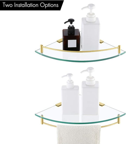 KES Glass Corner Shelf Bathroom Shelf Tempered Glass with Rail SUS 304 Stainless Steel Floating Wall Mount Bracket Brushed Gold, BGS2101A-BZ