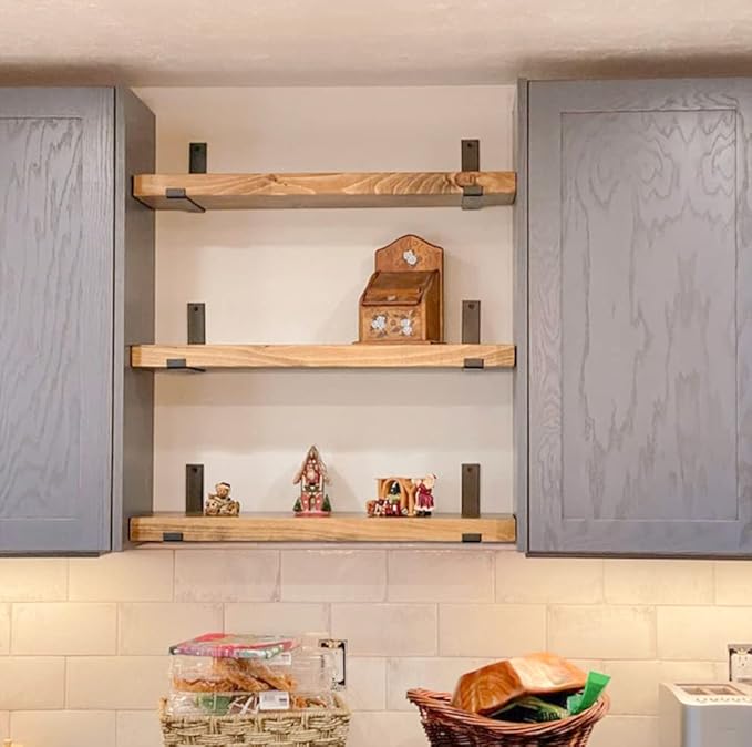 Rustic Shelves with J-Brackets Set of 2, Industrial Shelf, Kitchen Shelves, Solid Wood, Decorative Wall Storage, Heavy Duty, URBANDI (Brown, 36Wx10D)