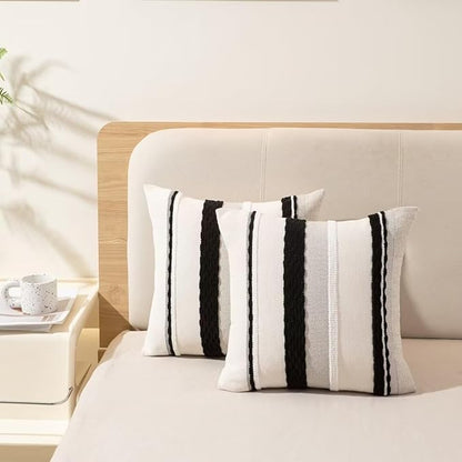 Boho Throw Pillow Covers 18x18 Set of 2 Farmhouse Decorative Cushion Case Striped Square Pillows Cover Chenille Pillow Cases Accent Neutral Pillowcase for Sofa Couch Bed,Black and White