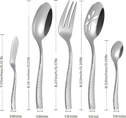 Stainless Steel Silverware Serving Set Hammered Silver Mirror Finished 5 Piece Serving Utensil Set Flatware Set