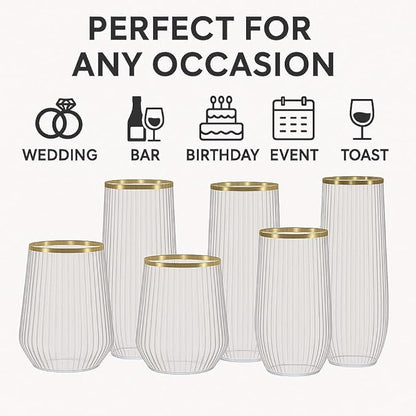 24 Pack Ribbed Origami Ripple Plastic Glasses, 12-9 Ounce Stemless Champagne Flutes & 12-12 Ounce Cups, BPA-Free Disposable Shatterproof Toasting Glasses for Weddings, Bars, and Events (Gold Rim)