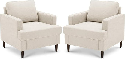 Mid-Century Accent Chair,Modern Linen Fabric Armchair for Living Room,Comfy Upholstered Reading Accent Chairs for Bedroom,Single Sofa Chair with Wood Legs (Beige, 2 Pack)