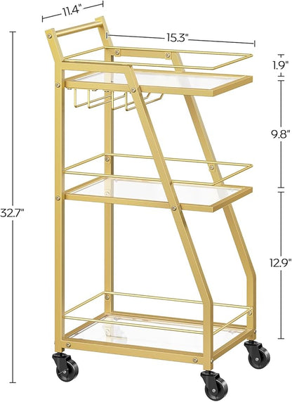 Bar Cart, 3-Tier Bar Cart for The Home, Home Bar Serving Cart with Glass Holders, Beverage Cart for Kitchen, Dining, Party Room, Gold BC03GD