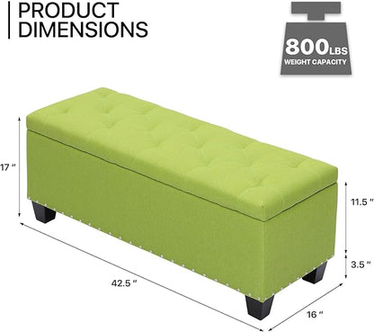 MoNiBloom 42 Inch Long Bench with Storage, Modern 40L Inner Space Green Linen Foot Stool for Bedroom, Upholstered Padded Rectangular Fabric Tufted Bench Footrest with Wood Legs with 660 Lbs Capacity
