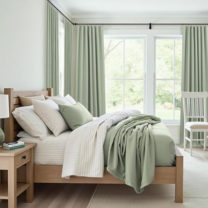 Sage Green Curtains 84 Inch Length 2 Panels Set for Bedroom Back Tab Blocking Light Sage Boho Blackout Linen Drapes Thermal Insulated Black Out Room Darkening Window Curtain for Living Room 52x84 Long