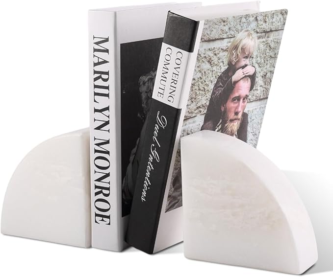 Marble Bookend for Shelves, Non-Skid Bookends for Heavy Books, Heavy Duty Book Stopper for CDs, Luxury Book Shelf Holder, Quarter Circle Design Book Ends Decorative, Namib Fantasy, Set of 2