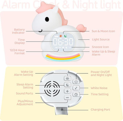 Cute Alarm Clock for Kids with Night Light, Sleep Training Clock Time to Wake Clock, Rechargeable Silicone Light for Bedroom, Perfect Sleep Companion for Boys Girls, Pink Pony