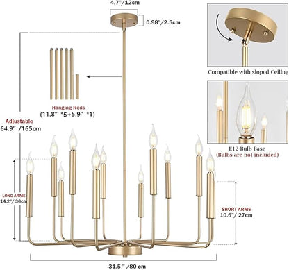 Modern Gold Farmhouse Chandeliers, 12-Light Industrial Metal Chandelier Lighting, Classic Candle Hanging Pendant Light Fixtures for Kitchen, Dining Room, Living Room, Entryway