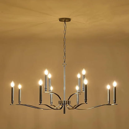 12 Light Nickel Living Room Chandelier High Ceiling Foyer Candle Chandelier Large Modern 44in Metal Chandeliers Hanging Light for Master Bedroom Dining Room Light Fixture Over Table