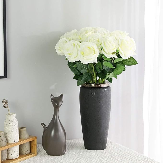White Fake Roses Artificial Flowers - 16 Pcs Fake Artificial Roses Silk Flowers with Stems for Home Wedding Hotel Office Centerpiece Decor