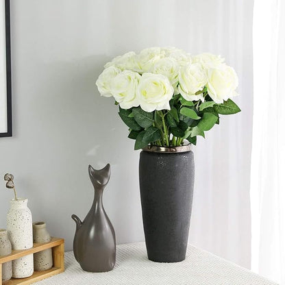 White Fake Roses Artificial Flowers - 16 Pcs Fake Artificial Roses Silk Flowers with Stems for Home Wedding Hotel Office Centerpiece Decor
