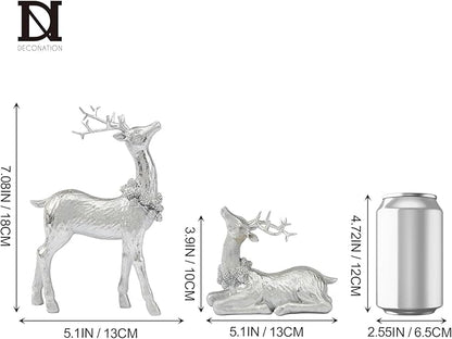 DN DECONATION Christmas Reindeer Figurines, Winter Deer Small Statues Decor, Silver Decorative Reindeer Sculptures, Resin Xmas Holiday Home Décor Accents for Office Living Room & Bedroom 2PCS
