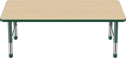 Factory Direct Partners FDP Rectangle Activity School and Classroom Kids Table (36 x 60 inch), Toddler Leg, Adjustable Height 15-24 inches - Maple Top and Green Edge