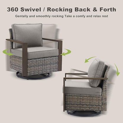 Outdoor Wicker Patio Furniture Set - 5 Piece Patio Conversation Set with 2 Wicker Swivel Rocker Chairs,2 Rattan Ottoman and 1 Couch,Thick Cushions,Deep Seating,Wide Armrest(Mixed Grey/Grey)