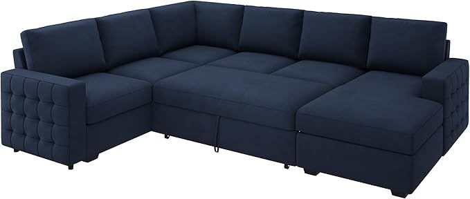 HONBAY Sleeper Velvet Blue Sectional Couch with Pull-Out Bed, Storage Chaise for Living Room