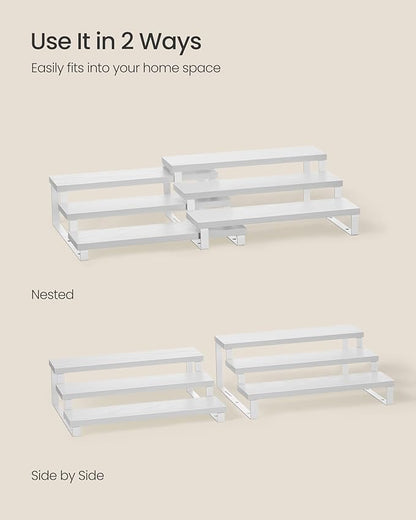 SONGMICS Display Risers, Set of 2 Engineered Wood Perfume Organizer Stand, 3-Tier Cupcake Stand Holder, Spice Rack, Shelf Risers for Figures, Dessert Shelves, Snow White and Cloud White UKCS116W01