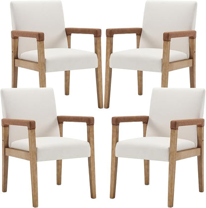 Mid Century Modern Dining Chairs Set of 4 Fabric Upholstered Living Room Side Chair, Kitchen Arm Chair with Solid Wood Legs for Home Restaurant, Linen White