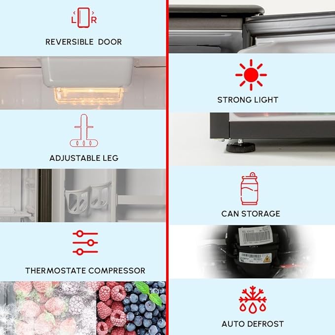 E-Star 3.3 Cu Ft Mini Fridge without Freezer - AUTO DEFROST, Reversible Single Door, Glass Shelf Refrigerator - A Space-Saving Marvel for Your Bedroom, Dorm, and Office