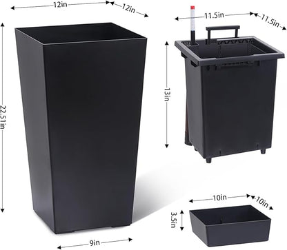 22.5" Tall Planters Set of 2, Outdoor＆Indoor Black Planter Pots, High Front Porch Planter Pots with Drainage Holes＆Water Level Monitor＆Inner Bucket, Automatic Watering, Black