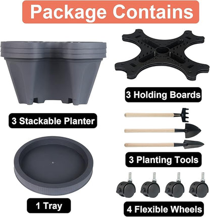 Vertical Planter 3 Tier Stackable Planters Garden Planters Strawberry Herb Flower and Vegetable Planter Indoor Outdoor Gardening Pots with Removable Wheels and Tools