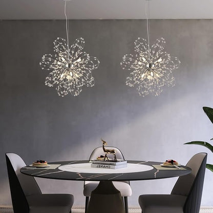 Modern Small Chandeliers, Sputnik Sunflower Crystal Beaded Hanging Lamps, Round Chrome Dandelion Pendant Light for Kitchen Island Bathroom Bedroom Entryway (Chrome 8Lights)