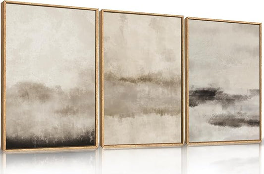 HPINUB Large Abstract Framed Canvas Wall Art Set,Minimalist Beige Gray Pastel Watercolor Wall Decor,Modern Illustration Neutral Art Painting for Living Room,Bedroom,Dining Room,Office -16"x24"x3