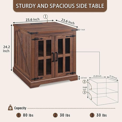 Farmhouse End Table with Charging Station,24" Large Side Table with Glass Barn Door, Rustic Wood Nightstand Bedside Table with Adjustable Storage Shelf for Living Room, Bedroom,Walnut,2 pack