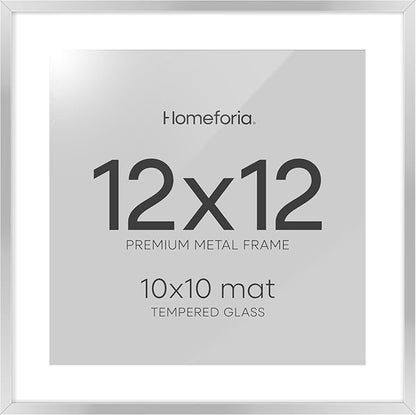 Homeforia 12x12 Silver Frame, High End Metal 12 x 12 Square Picture Frame with Mat 10 x 10 Photo, 12x12 Poster Frames Matted to 10x10 Print, 12 by 12 Hanging Frames, Tempered Glass, Wall Kit, Set of 1
