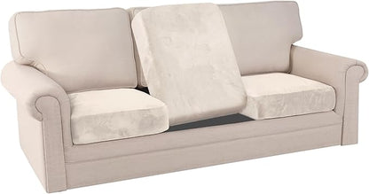 PrinceDeco Stretch Sofa Cushion Covers for Couches and Sofas,Soft Velvet Couch Seat Covers, Sofa Covers Washable, Seat Cushion Cover for 3 Couch Sofa Pet Friendly - Ivory, Each Width Up to 29.5"