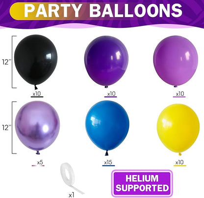 Purple Blue Yellow Black Balloons 60 Pcs Metallic Purple Royal Blue Black Yellow Game Latex Balloon Gaming Party Balloon for Kids Gamer Night Birthday Graduation Party Decoration Supplies