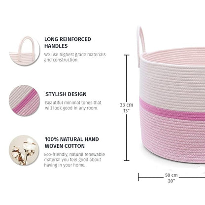 OrganiHaus Boho Woven Basket for Blankets and Laundry, Decorative Large Storage Bin for Living Room, Nursery Basket for Toys & Clothes, Soft Cotton Rope with Handles 20x13 inches - Striped Pink