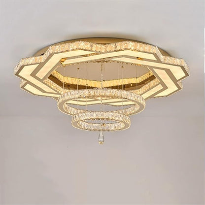 Flashing God Crystal Chandeliers Dia 32" Gold Chandelier Flush Mount Ceiling Light for Bedroom Living Room Dining Room Hallway Dimmable 3 Rings LED Celing Lighting Fixtures