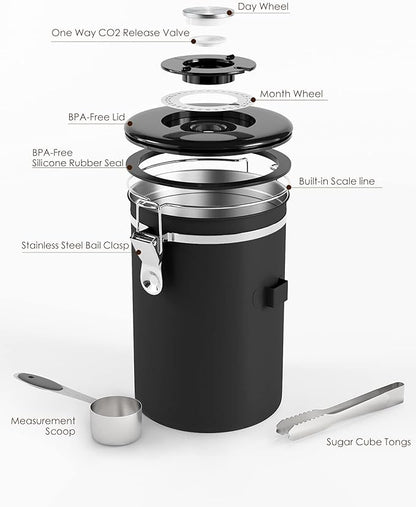 HAIOOU Airtight Coffee Canister, 22OZ +16OZ 2 Piece Stainless Steel Coffee Bean Storage Container with Date Tracker, Measuring Scoop, CO2 Releasing Valves, Mini Tongs for Coffee Bean, Grounds - Black