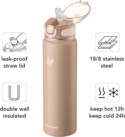 Enerbone 32 oz Insulated Water Bottle, Stainless Steel Bottle with Carrying Strap, Double-Wall Vacuum Insulation Design, Leakproof Sports Bottle with Straw, Keep Drinks Cold or Hot for Hours
