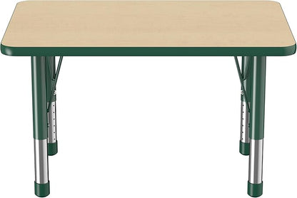 Factory Direct Partners FDP Rectangle Activity School and Classroom Kids Table (24 x 36 inch), Chunky Toddler Leg, Adjustable Height 15-24 inches - Maple Top and Green Edge