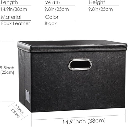 PRANDOM Foldable Storage Bins with Lids [5-Pack] Leather Fabric Collapsible Storage Boxes Organizer Containers Baskets Cube with Cover for Bedroom Closet Office Nursery Black (14.9x10.8x10)