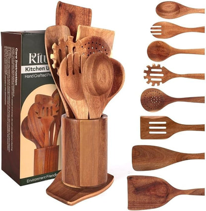 Wooden Spoons for Cooking Set of 10 - Cooking Utensils with Spoon Rest & Holder – Comfortable Grip & Easy to Clean - Wooden Spoon Set for Kitchen with four Hanging Hooks