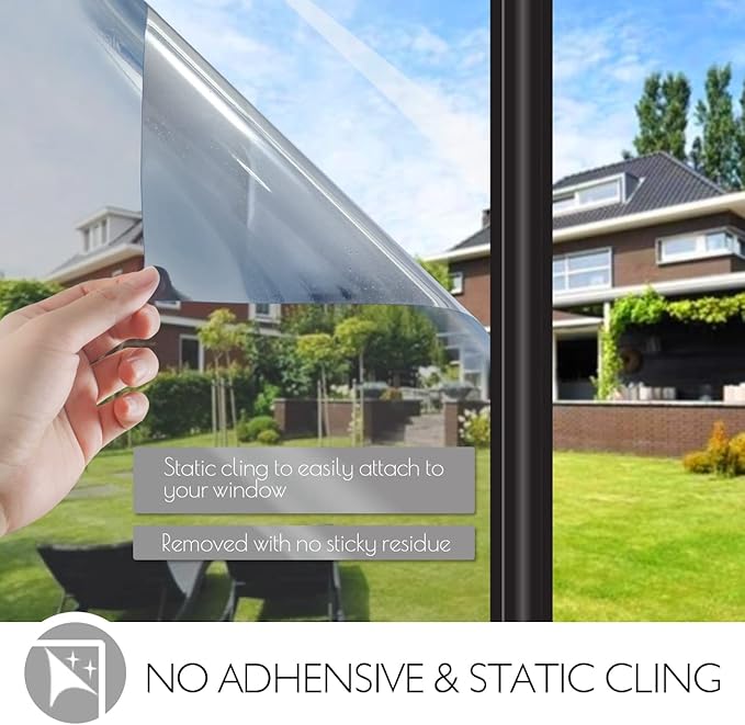 HIDBEA Window Film Daytime Privacy, Heat Control Sun Blocking Anti UV Non-Adhesive Self Static Cling One Way Mirror Window Tint for Home (Silver, 35.4 Inch x 8.2 Feet)