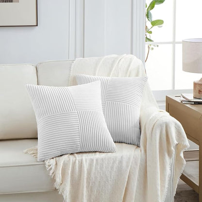 Fancy Homi 2 Packs White Euro Decorative Throw Pillow Covers 26x26 Inch for Living Room Couch Bed, Rustic Farmhouse Boho Home Decor, Soft Corss Corduroy Patchwork Textured Square Cushion Case 66x66 cm