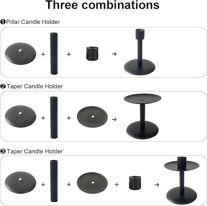 Set of 7 Metal Black Candle Holders, Assemblable Pillar and Taper Candlesticks, Halloween Fall Thanksgiving Day Dining Table Centerpieces Decor, Mantle Fireplace Candle Sticks Decorations