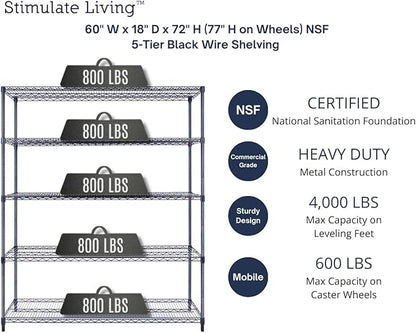 60"x18"x72" Prime Heavy Duty Black 5-Tier Wire Shelving NSF 4000 LBS MAX Capacity Storage Rack for Commercial, Hospital, School, Garage, and Kitchen Uses (with Wheels)