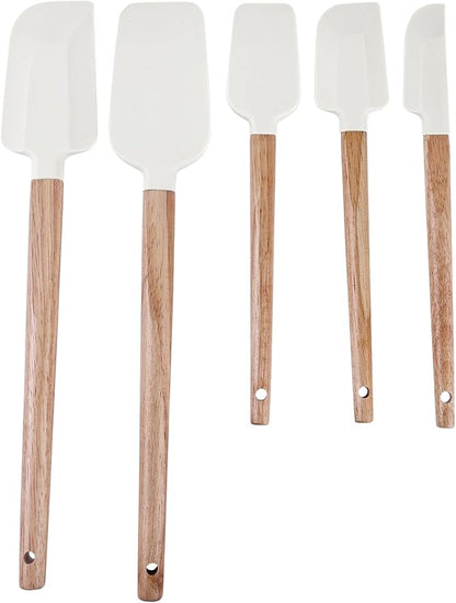 Ptanexx Wooden Handle Silicone Spatula Set 5 Piece, Batter Mixing Spatula, Spatula for Cooking, Jars, Baking, Mixing, Frosting