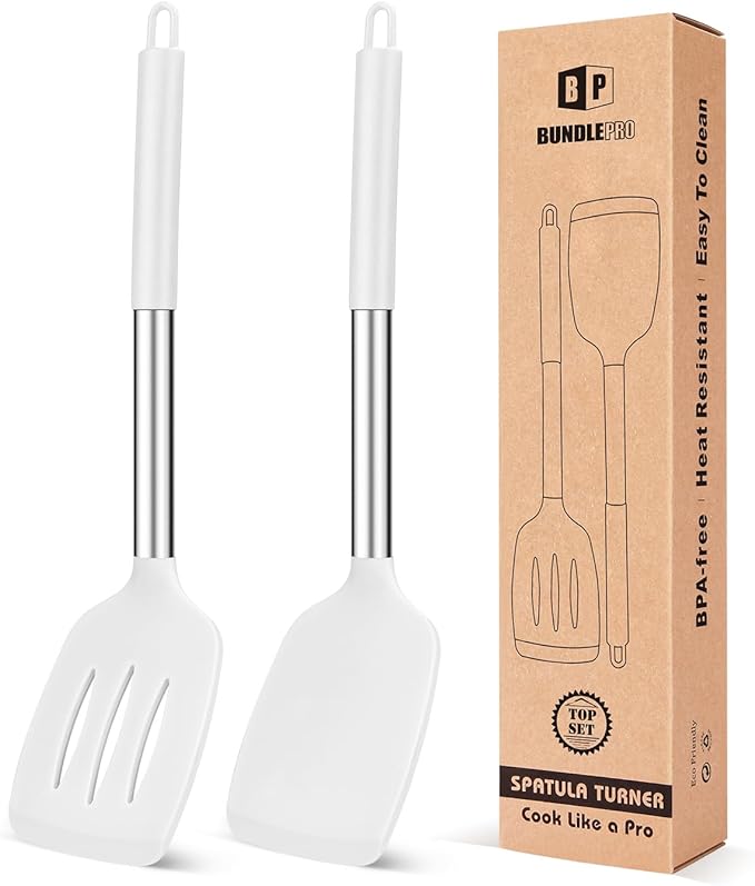 Pack of 2 Silicone Solid Turner, Non Stick Slotted Kitchen Spatulas, High Heat Resistant BPA Free Cooking Utensils, Ideal Cookware for Fish, Eggs, Pancakes(White)