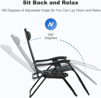 Nazhura Set of 2 Relaxing Recliners Patio Chairs Adjustable Steel Mesh Zero Gravity Lounge Chair Beach Chairs with Pillow and Cup Holder (Dark Green)